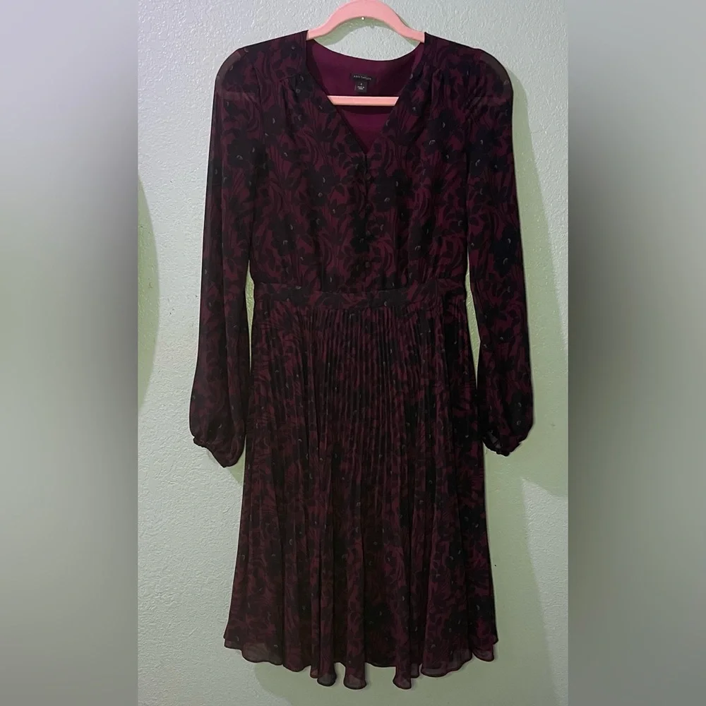 Ann Taylor Burgundy and Black Floral Long Sleeve Dress